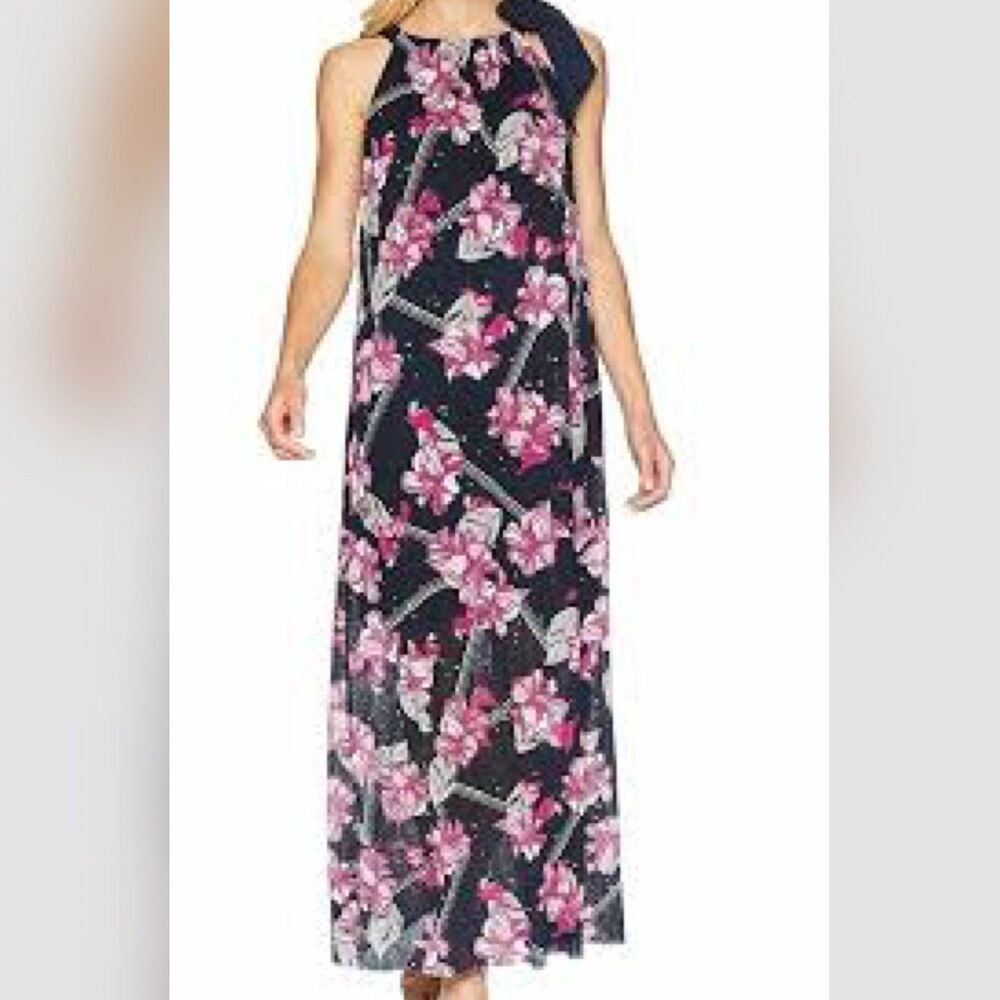 NWT Ellen Tracy Women's Blue Floral Sleeveless Halter Tie Maxi Dress Size small
